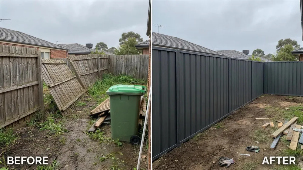 Collapsed timber paling fence replaced with a new Colorbond boundary fence — before and after