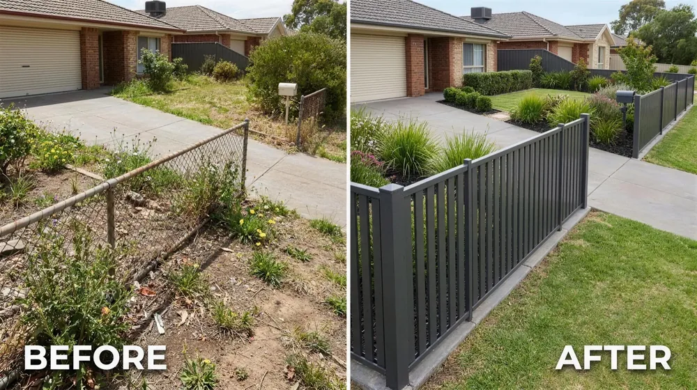 Old chain-link front fence replaced with a dark grey aluminium slat front fence — before and after