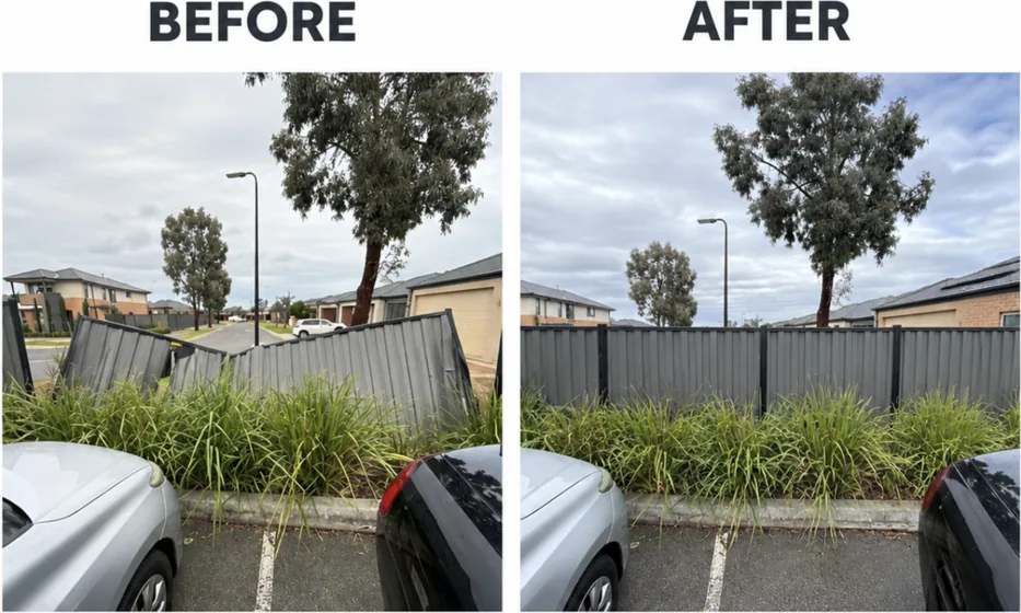 Storm-damaged Colorbond fence rebuilt straight on new concrete-set posts — before and after