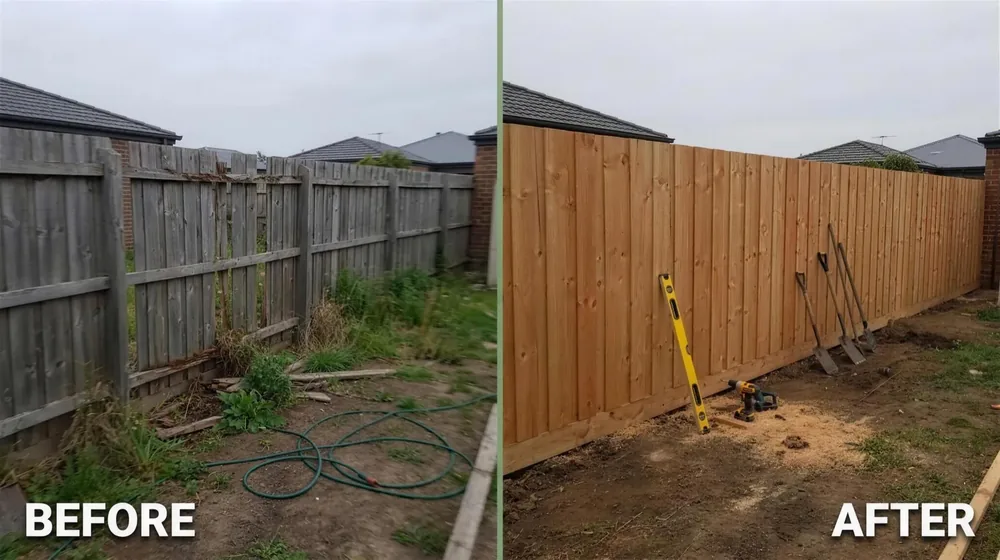 Weathered timber paling fence replaced with new treated pine palings — before and after